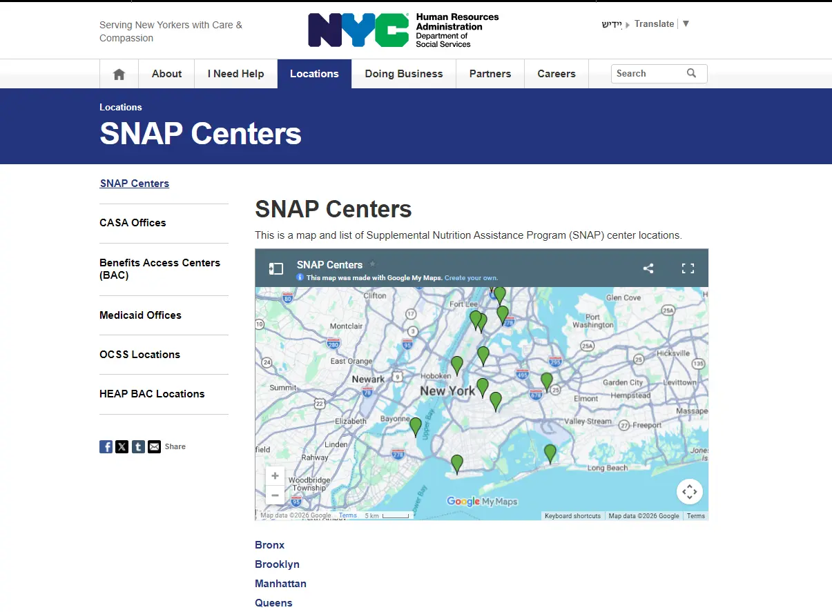 NYC HRA SNAP Locations official Brooklyn food stamp office page screenshot