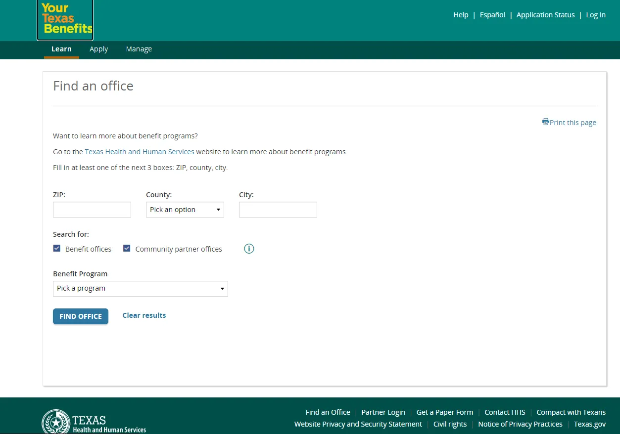 Texas Your Texas Benefits Find an Office official page screenshot for Killeen TX food stamp office