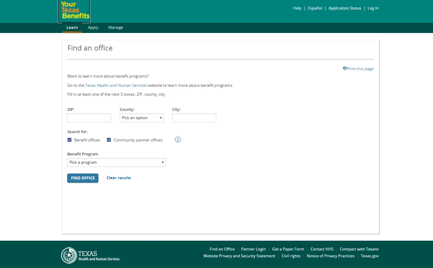 Your Texas Benefits Find an Office official page screenshot for El Paso TX food stamp office