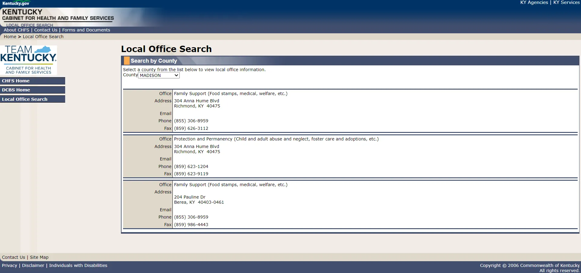 Official Kentucky DCBS Family Support office listing for Richmond KY food stamp office