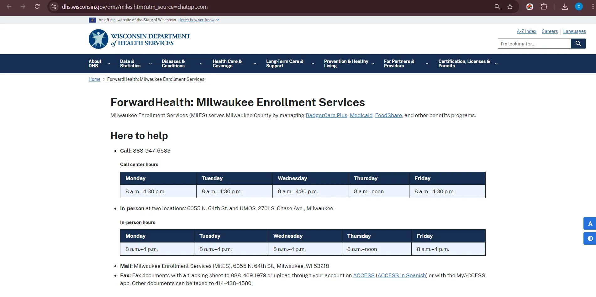 Official Wisconsin DHS Milwaukee Enrollment Services page for Milwaukee WI FoodShare SNAP office help