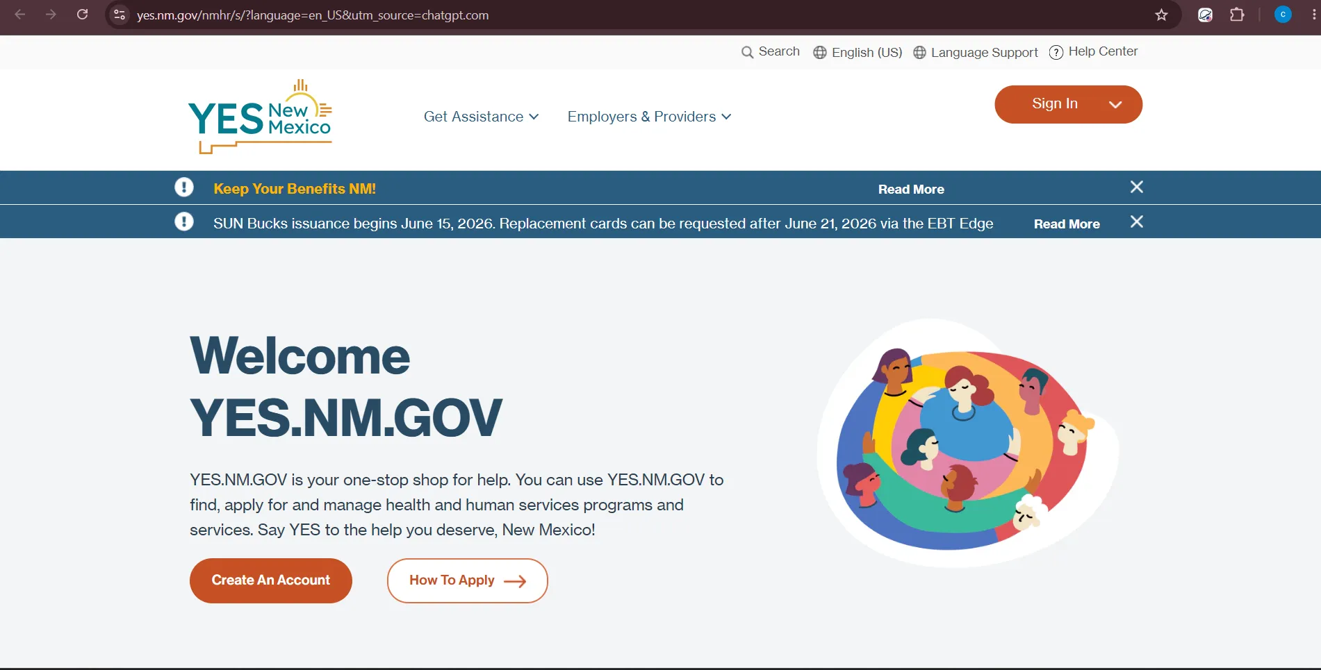 Official YES New Mexico benefits portal page for Gallup NM food stamp office and SNAP benefit help