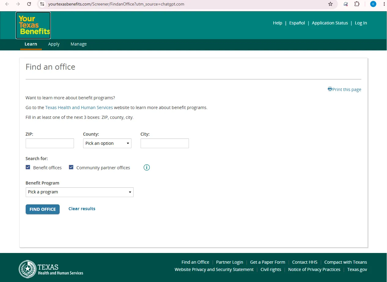 Official Your Texas Benefits office finder page for Baytown TX food stamp office and SNAP help