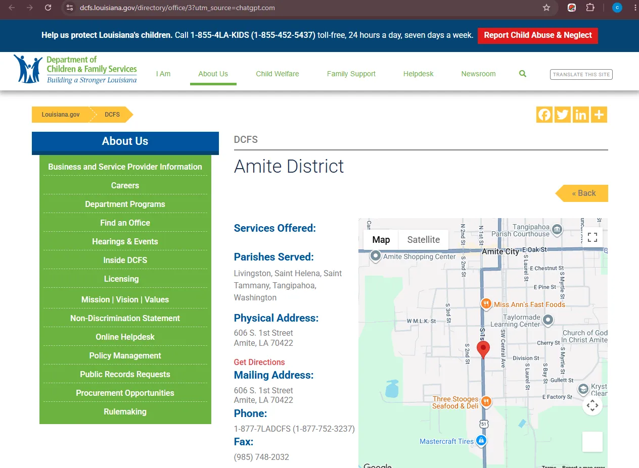 Official Louisiana DCFS Amite District office page showing Amite LA food stamp office location and phone details
