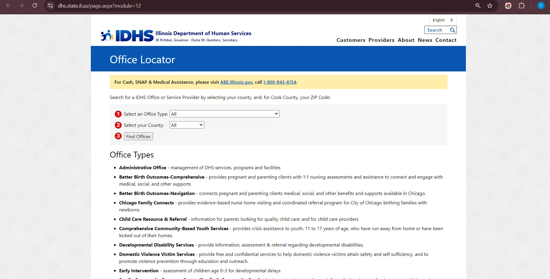 Official Illinois DHS office locator page for Illinois food stamp office and SNAP benefit help
