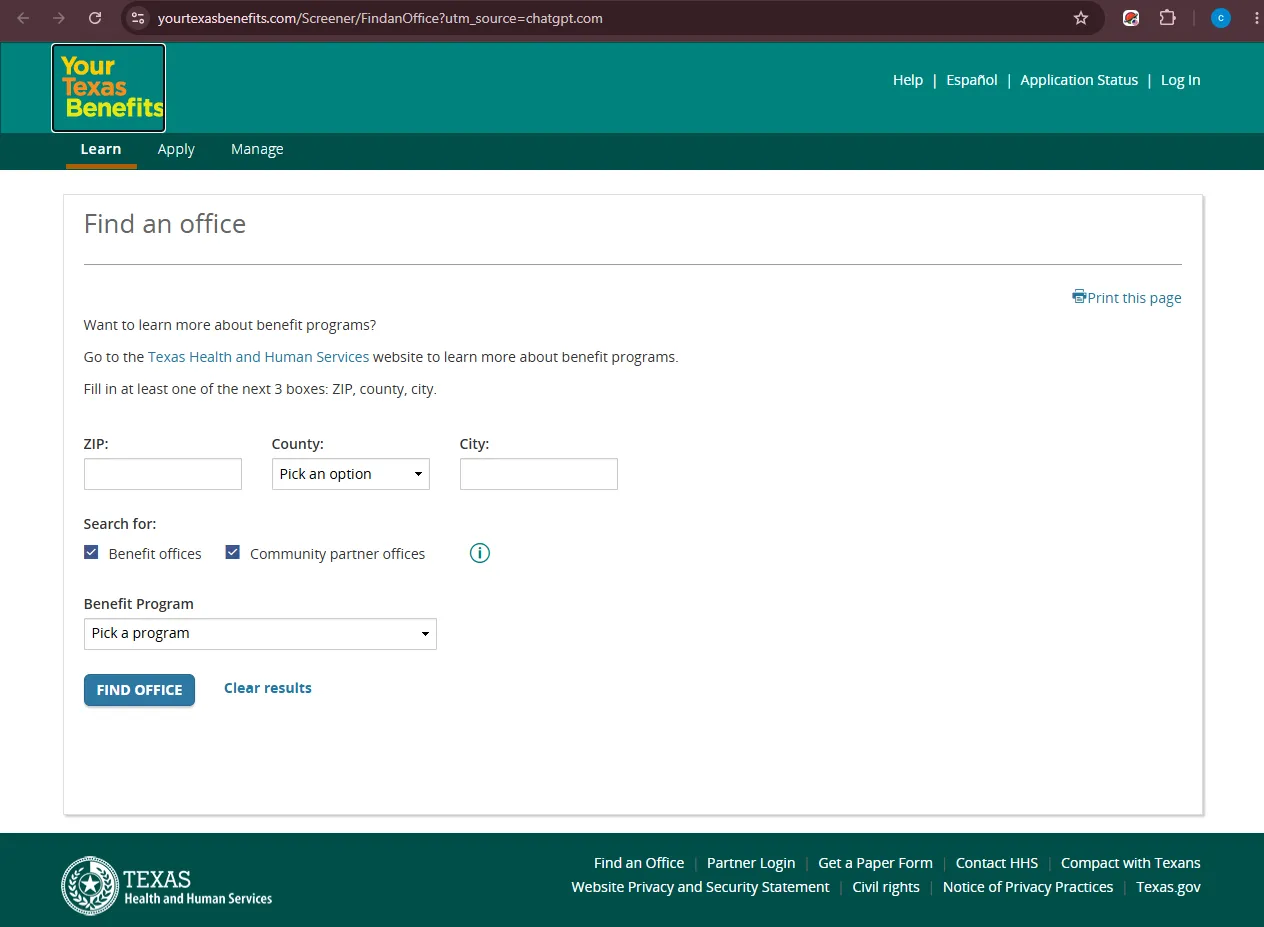 Official Your Texas Benefits office locator showing Victoria TX food stamp office and SNAP support search
