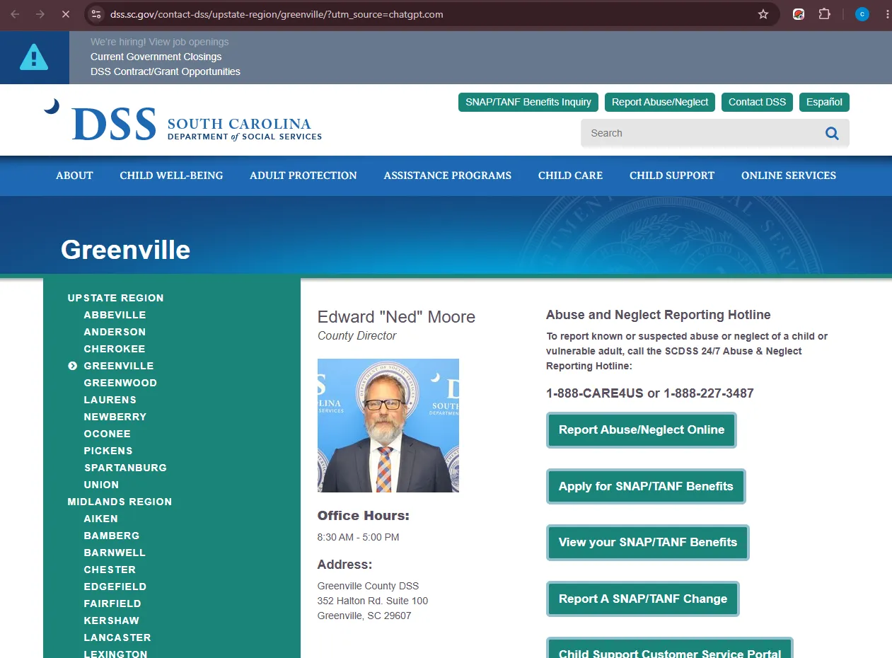 Official South Carolina DSS Greenville County SNAP office page for Greenville food stamp office help