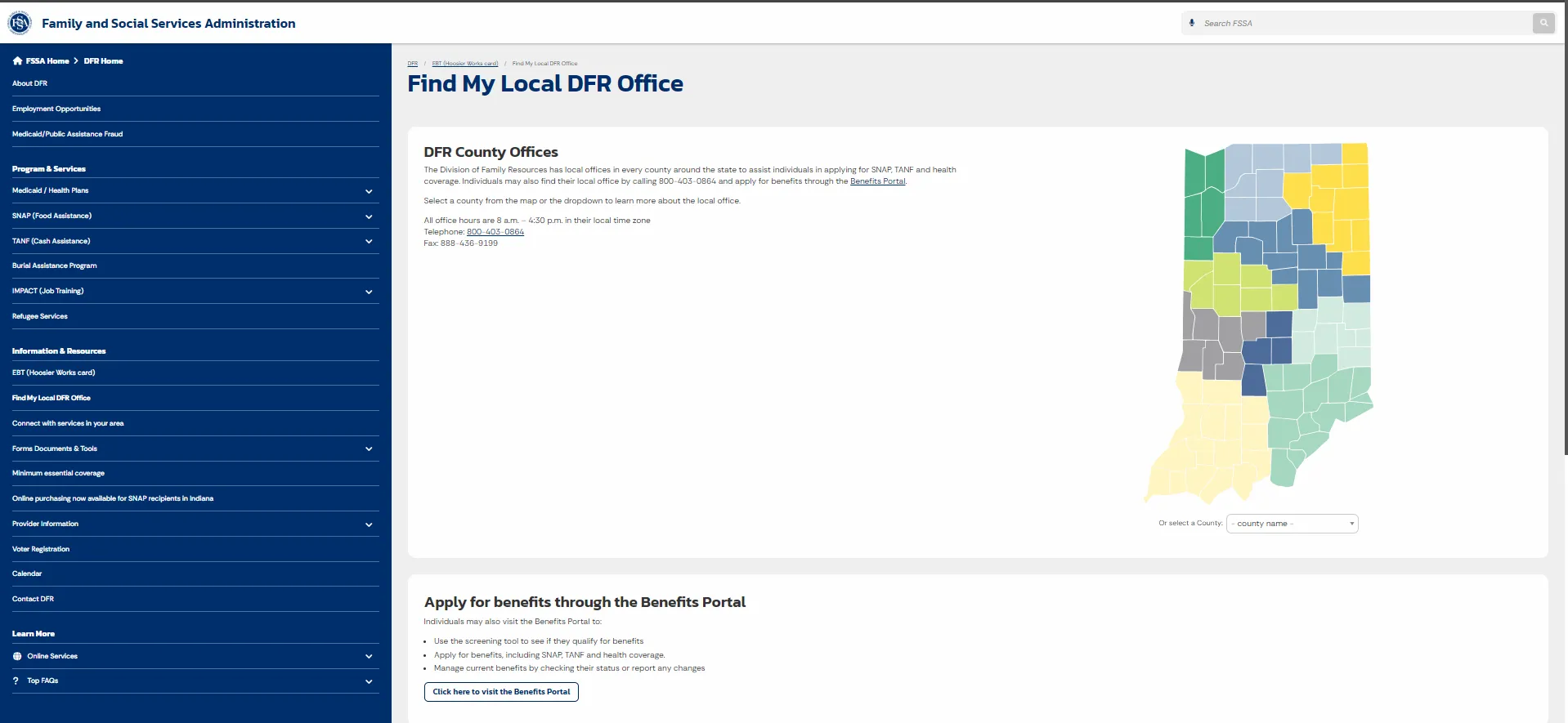 Indiana FSSA DFR local office page screenshot for Indianapolis IN food stamp office