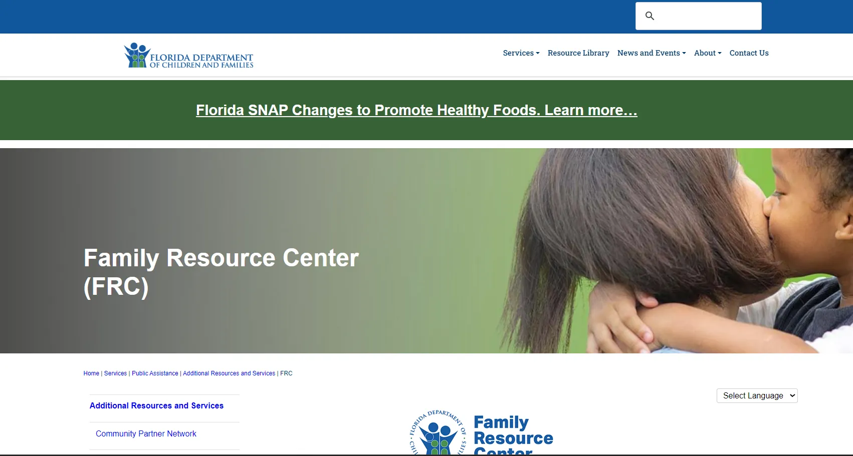 Florida DCF Family Resource Centers official page screenshot for Jacksonville FL food stamp office and SNAP help