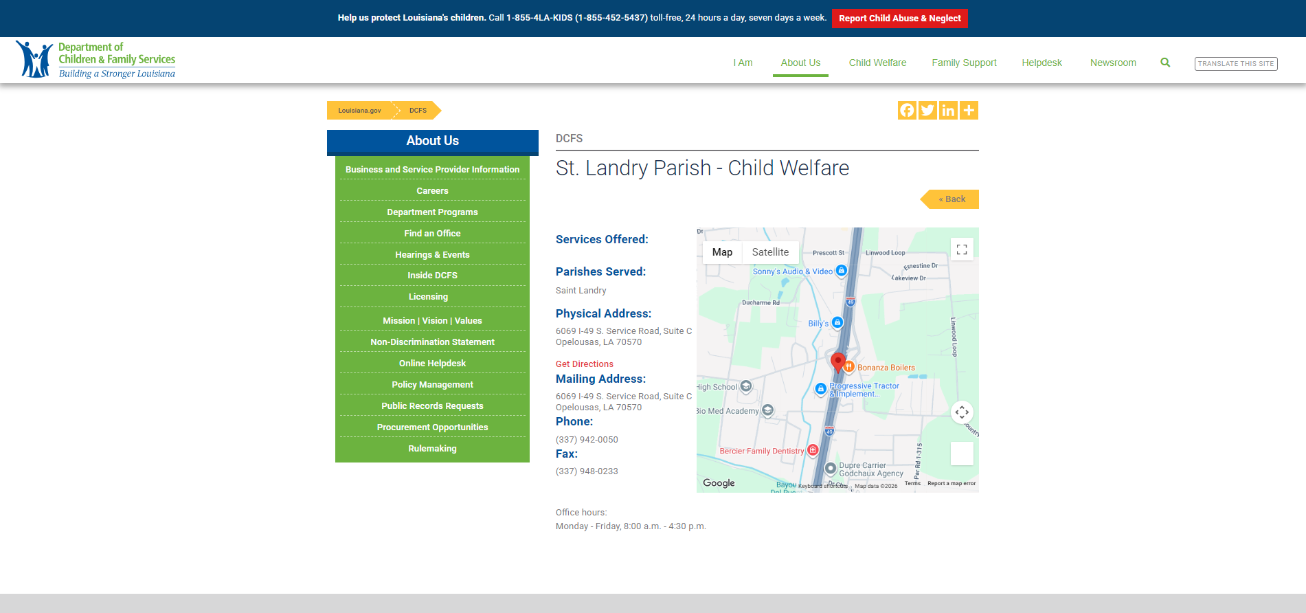 Louisiana DCFS St. Landry Parish official page screenshot for Opelousas LA food stamp office, SNAP benefits phone and hours