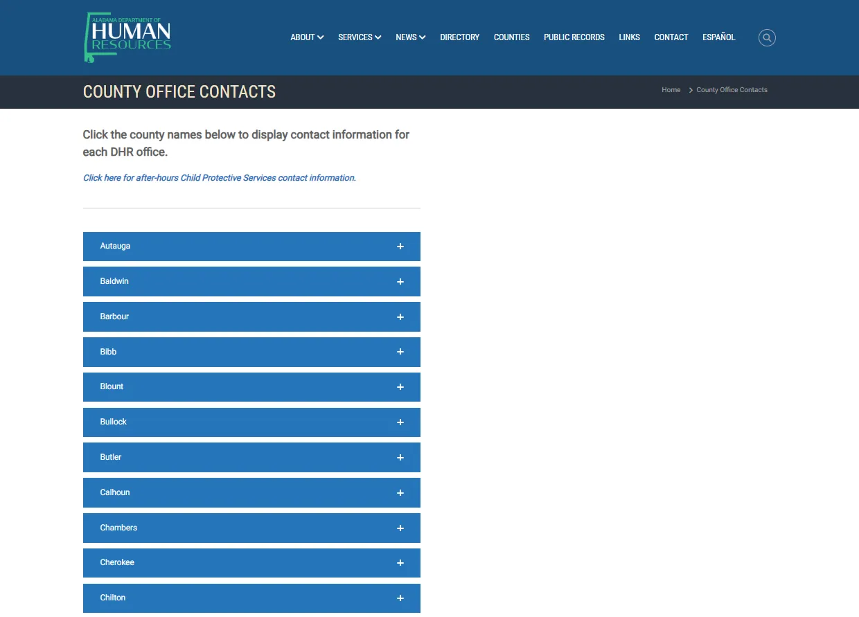 Alabama DHR Etowah County office official page screenshot for Gadsden AL food stamp office