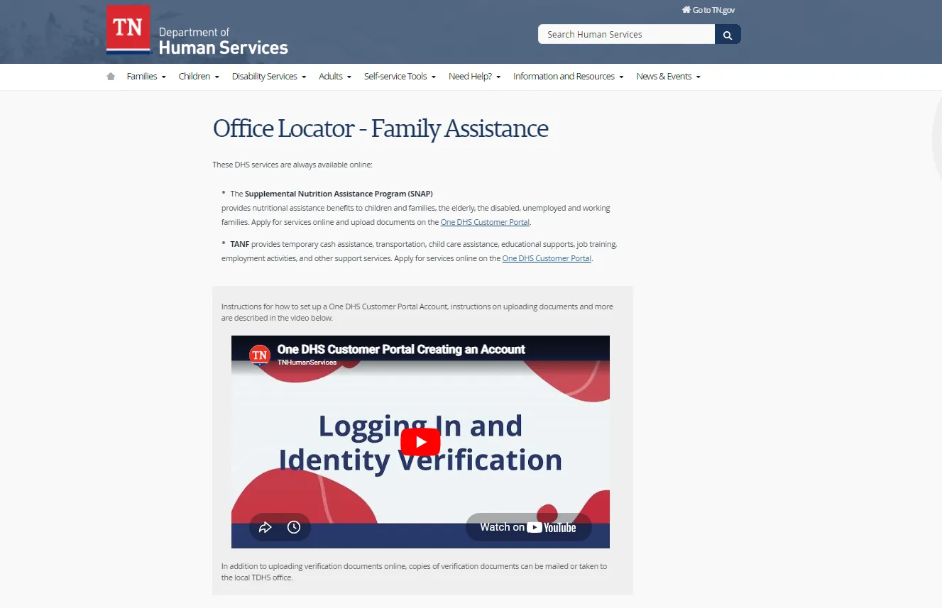 Tennessee DHS Montgomery County office official page screenshot for Clarksville TN food stamp office