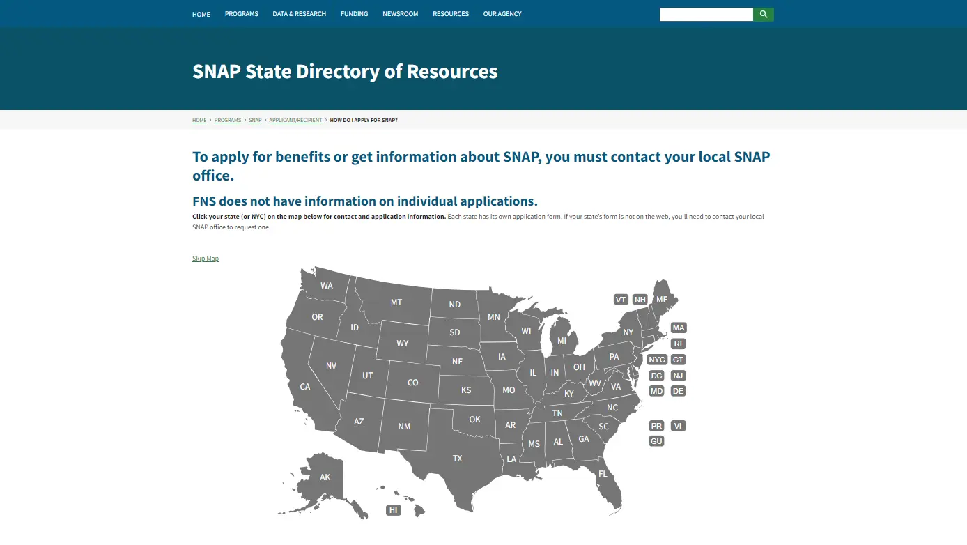 USDA SNAP State Directory official page screenshot for food stamp office phone number help
