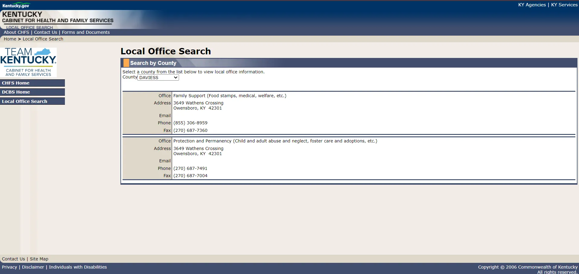 Kentucky CHFS DCBS Daviess County official office page screenshot for Owensboro KY food stamp office guide