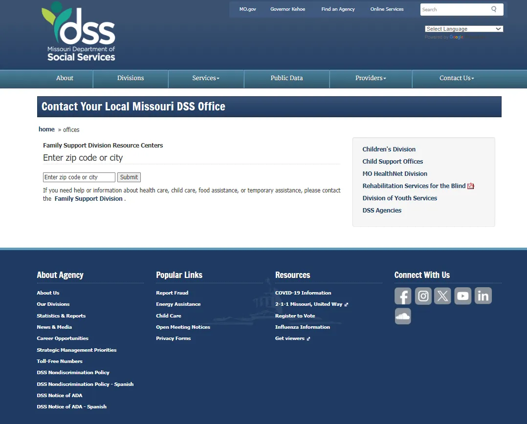Missouri DSS local office official page screenshot for Springfield MO food stamp office and SNAP help