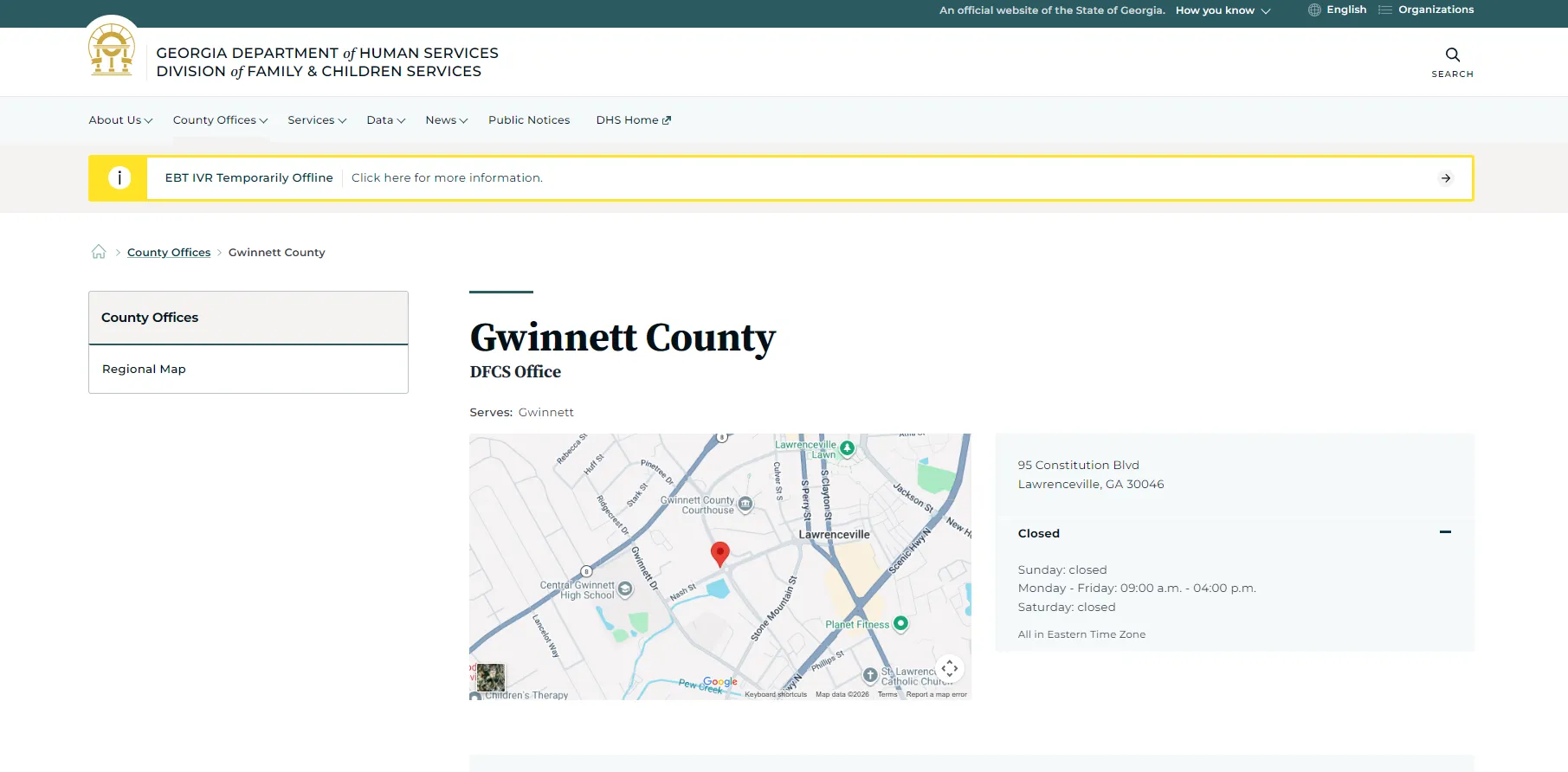 Georgia DFCS Gwinnett County official office page screenshot for Lawrenceville GA food stamp office