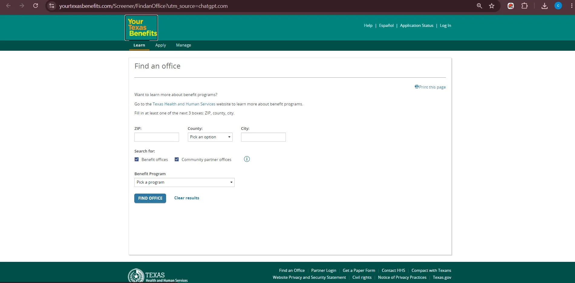 Official Your Texas Benefits office finder page showing Abilene TX food stamp office and SNAP benefit office search