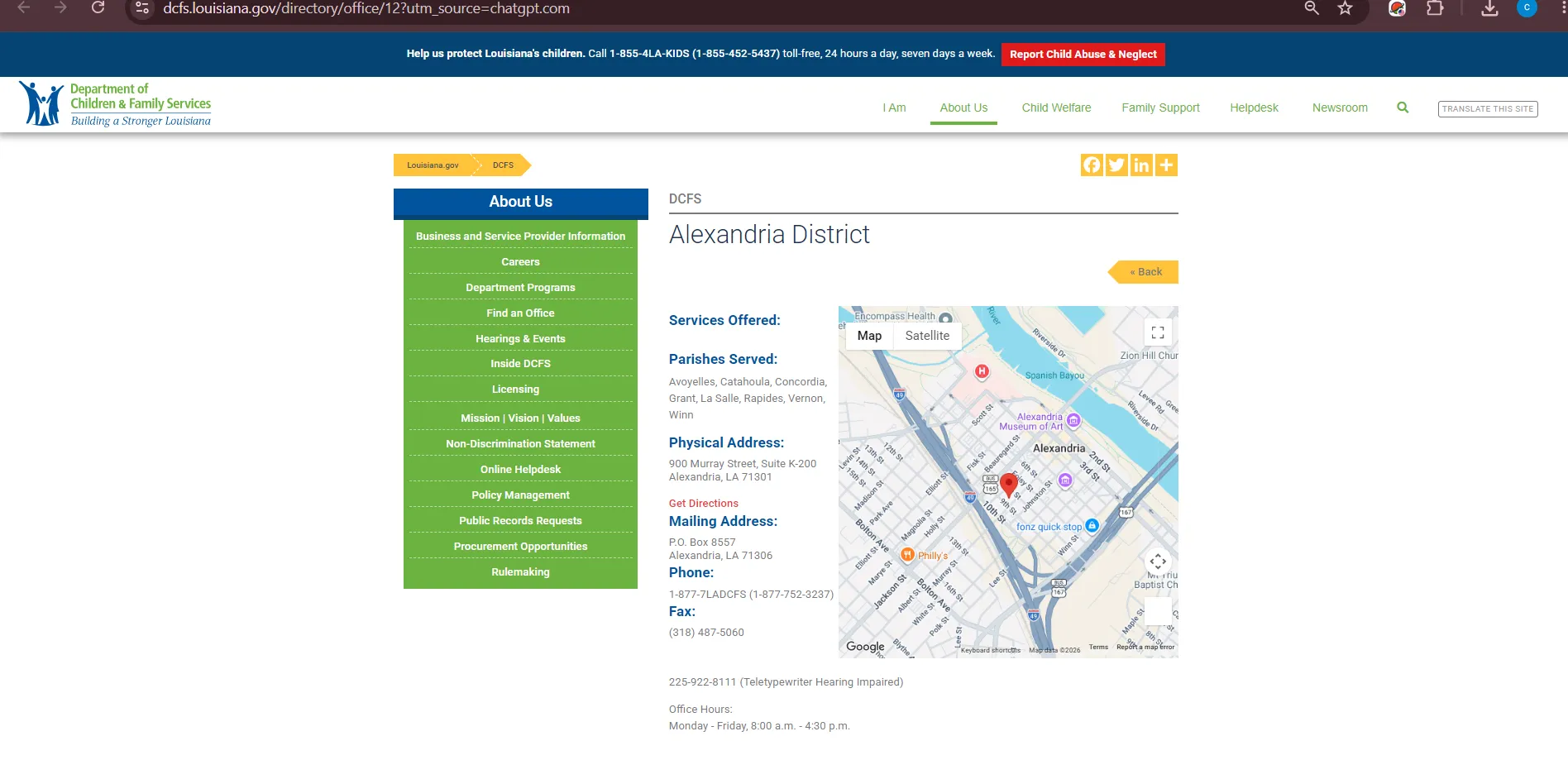 Official Louisiana DCFS Alexandria District office listing for Rapides Parish LA food stamp office help