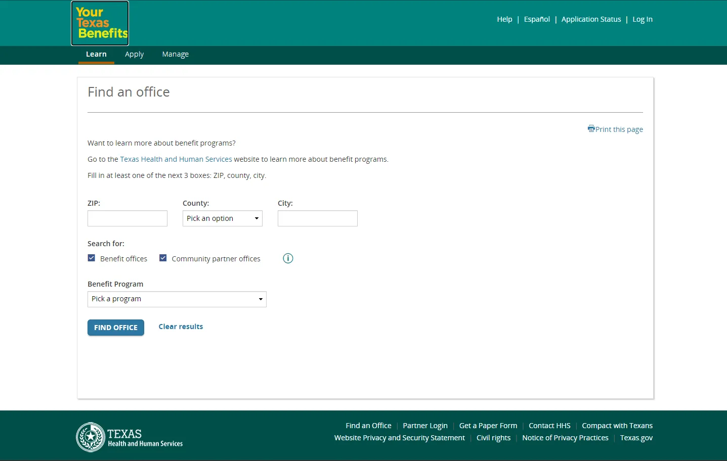 Your Texas Benefits official Find an Office screenshot for San Antonio TX food stamp office