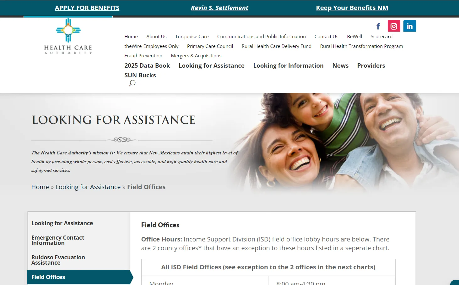 New Mexico HCA official field offices screenshot for Albuquerque NM food stamp office and SNAP help