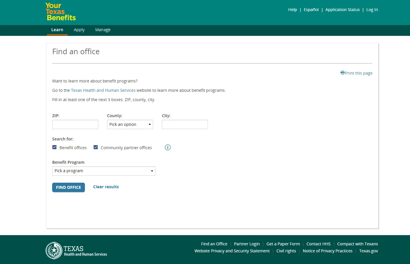 Official Your Texas Benefits office locator screenshot for Wichita Falls TX food stamp office SNAP and EBT help