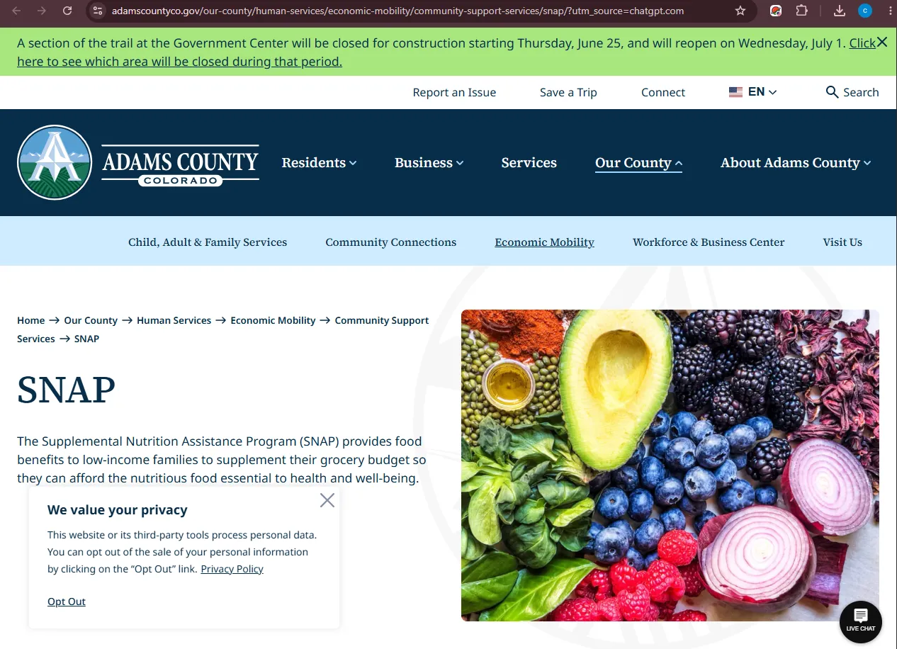 Official Adams County CO SNAP page showing food stamp office, EBT card and local benefits help