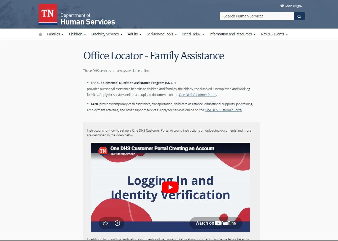 Memphis TN food stamp office official Tennessee DHS office locator screenshot