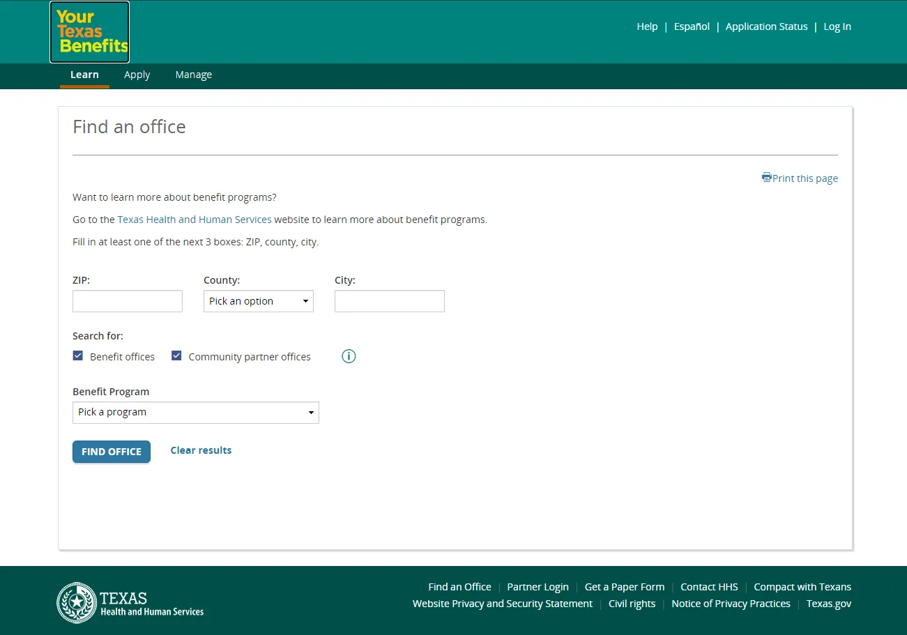 Your Texas Benefits official Find an Office page screenshot for Corpus Christi TX food stamp office and SNAP benefits help