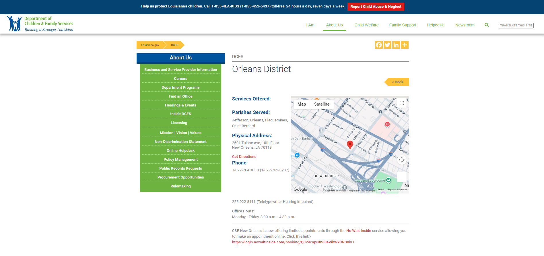 Louisiana DCFS Orleans District official page screenshot for New Orleans LA food stamp office help