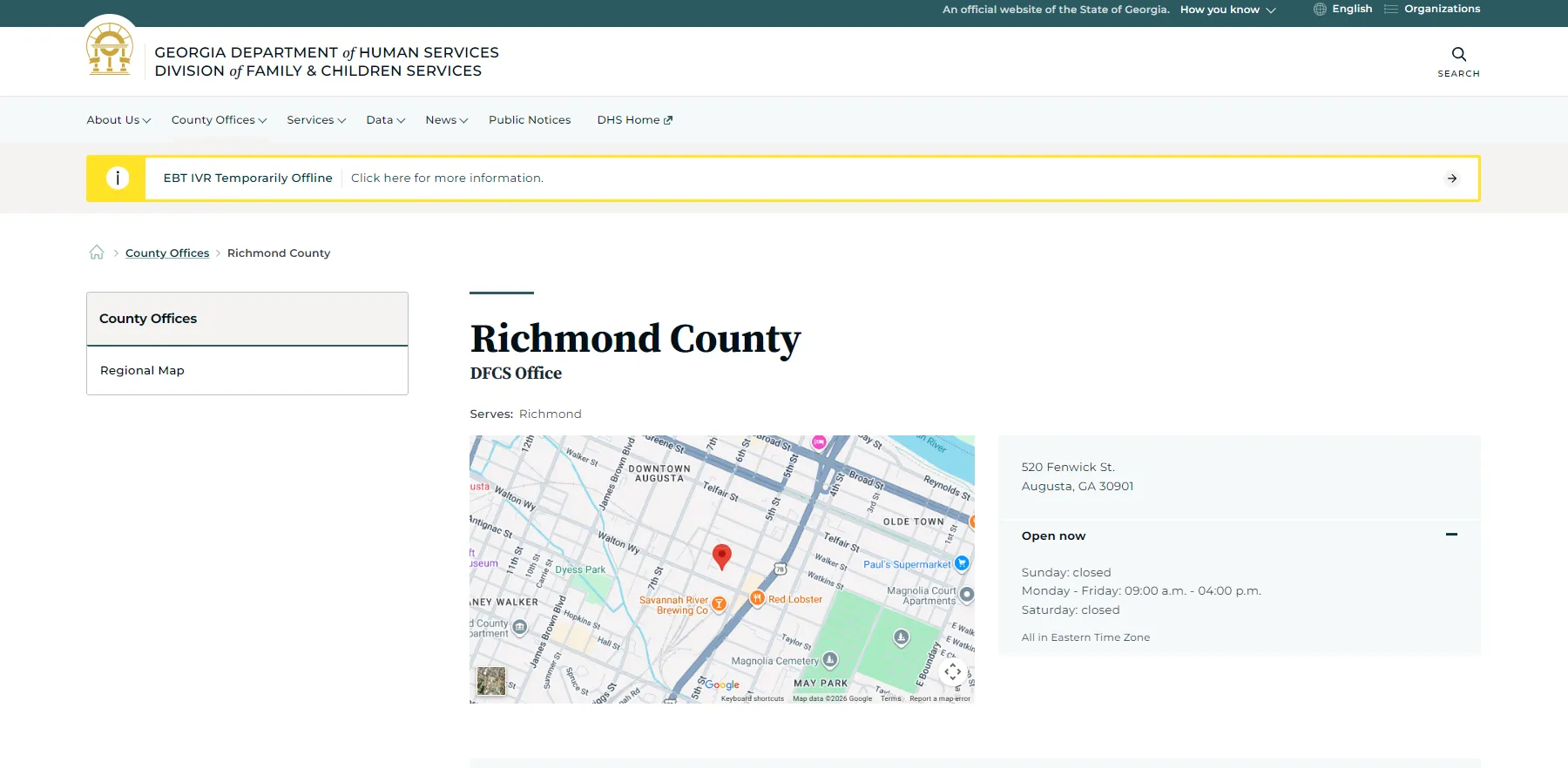 Augusta GA SNAP office official Richmond County DFCS screenshot for food stamp help and contact