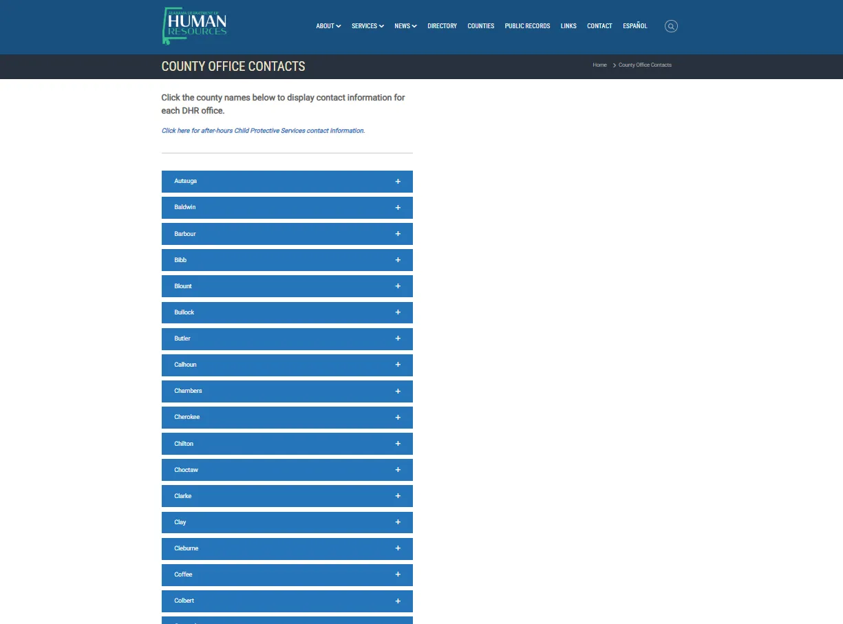 Alabama DHR official county office contacts screenshot for Jefferson County AL food stamp office