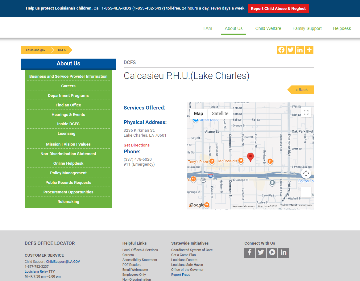 Louisiana DCFS Lake Charles office official page screenshot for Lake Charles LA food stamp office