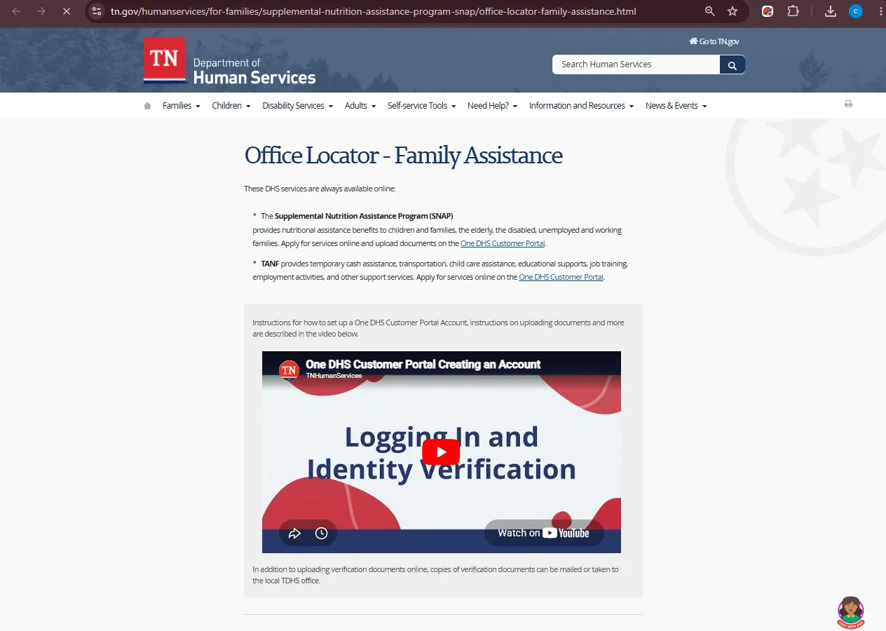 Official Tennessee DHS Shelby County SNAP office locator page for Memphis food stamp office help