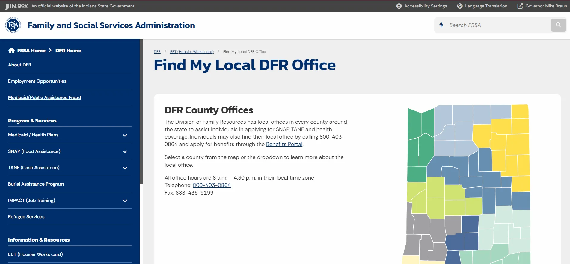 Fort Wayne IN food stamp office official Indiana FSSA DFR office locator screenshot