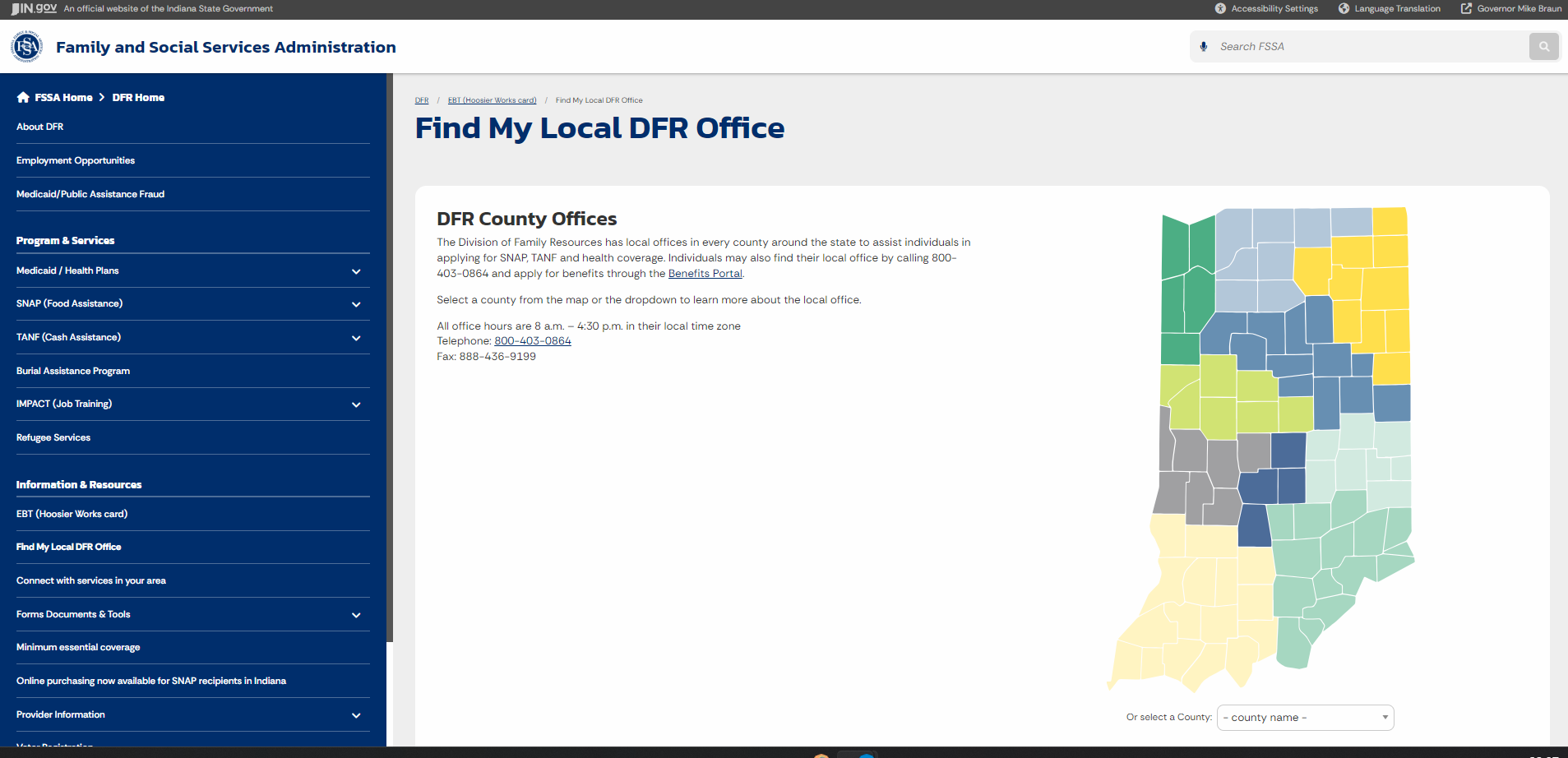 Indiana FSSA official DFR office page screenshot for Muncie IN food stamp office, SNAP help, hours and contact