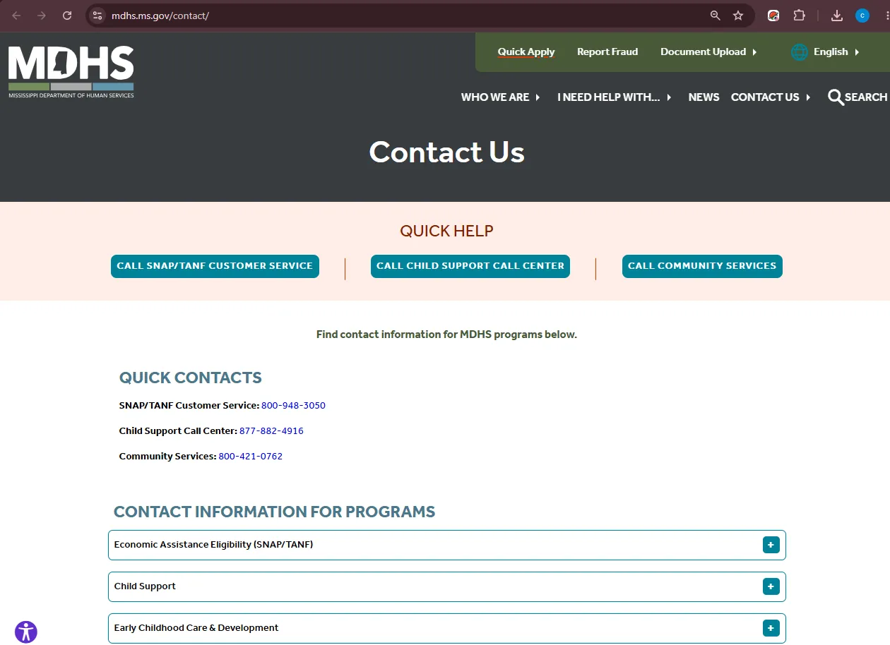 Official Mississippi MDHS DeSoto County Office listing showing food stamp office address phone and email