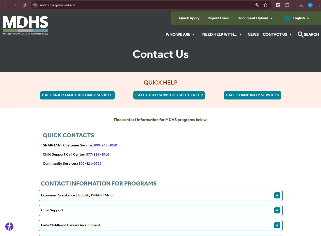Official Mississippi Department of Human Services page showing Bolivar County Cleveland MS SNAP office contact information