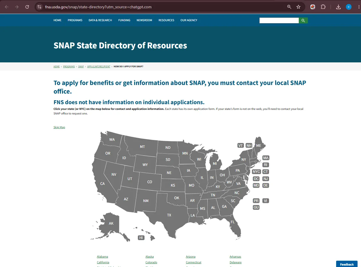 Official USDA SNAP State Directory page for food stamp office application and state SNAP benefits application links