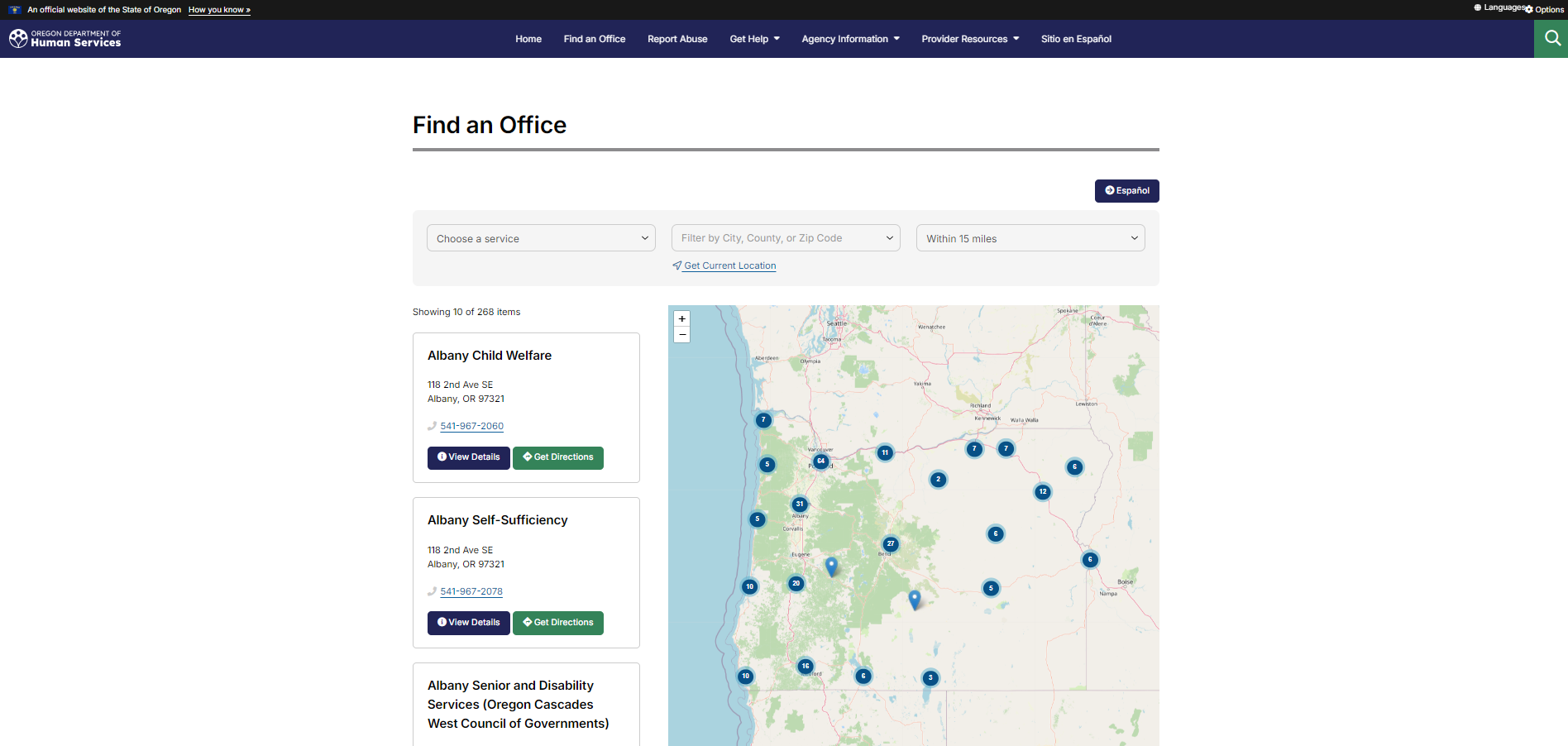 Oregon ODHS official office finder screenshot for Salem OR food stamp office help