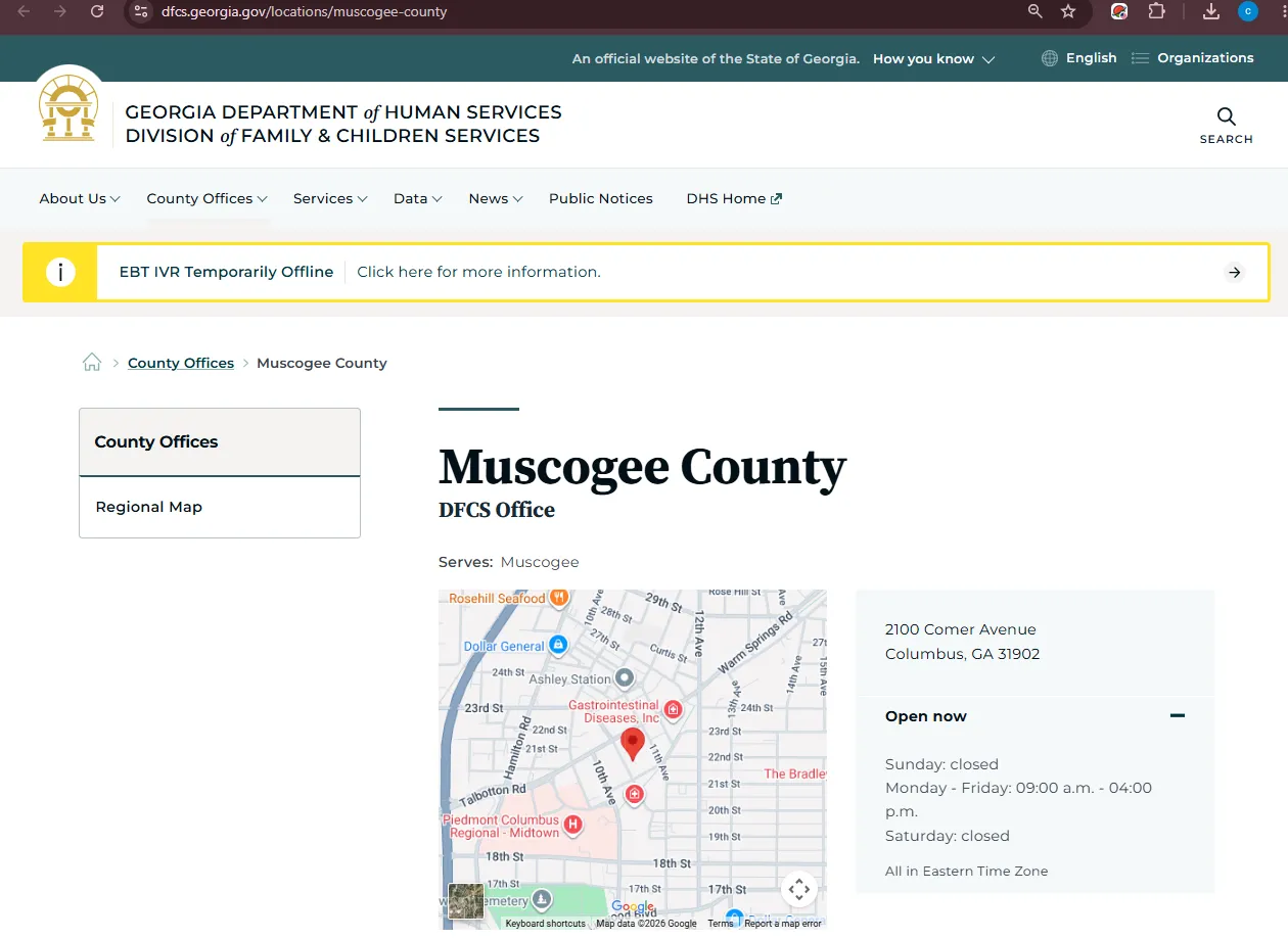 Official Georgia DFCS Muscogee County office page for Columbus GA food stamp office help