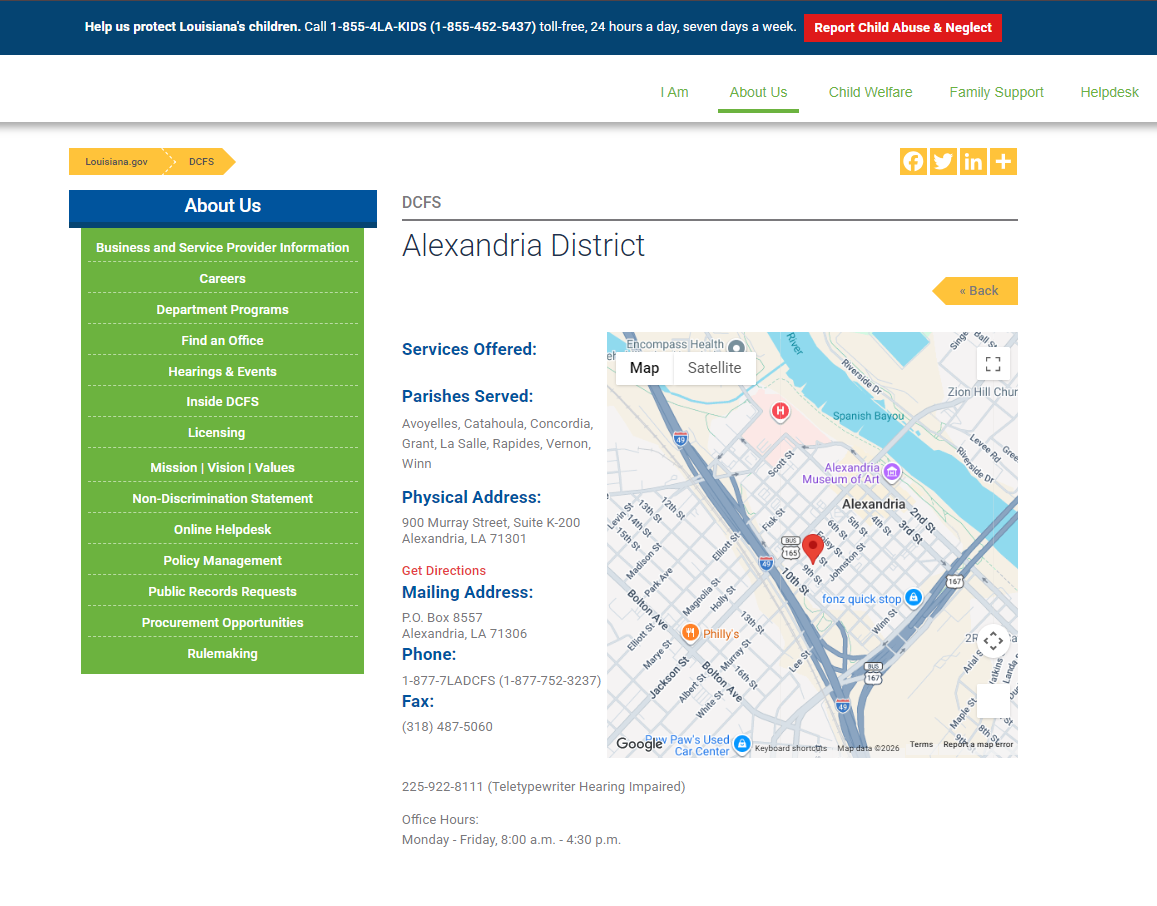 Louisiana DCFS Alexandria District official page screenshot for Alexandria LA food stamp office