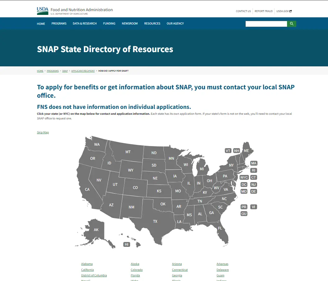 USDA SNAP State Directory official page screenshot for checking food stamp office hours and local SNAP office contact information
