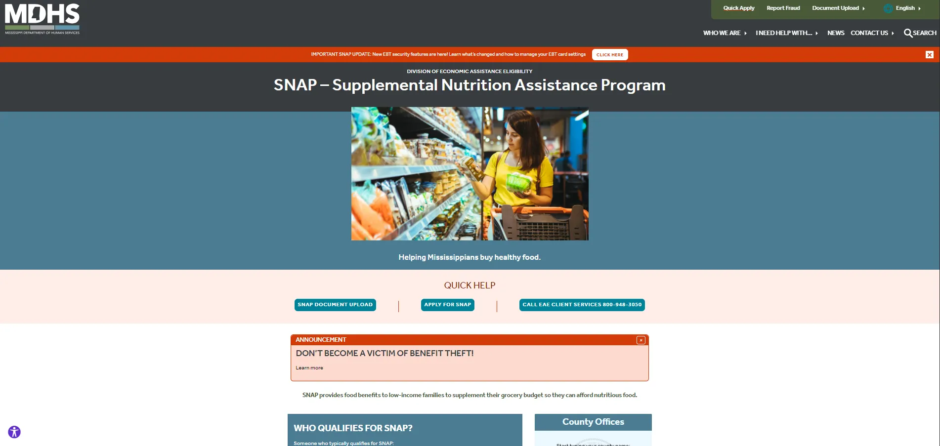 Mississippi MDHS SNAP official page screenshot for Meridian MS food stamp office