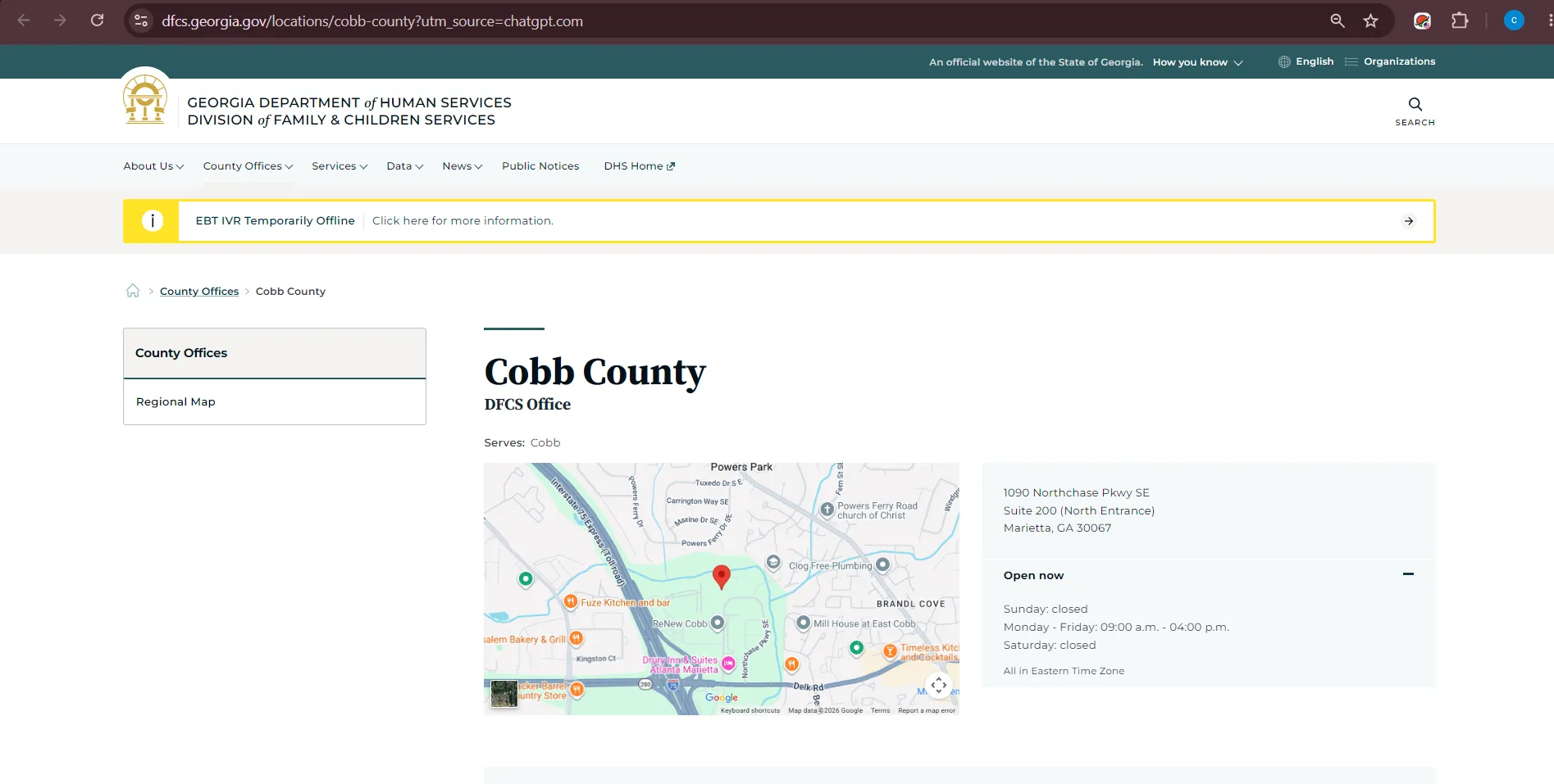 Cobb County DFCS official page screenshot for Marietta GA food stamp office, SNAP application, renewal, phone number and office hours help