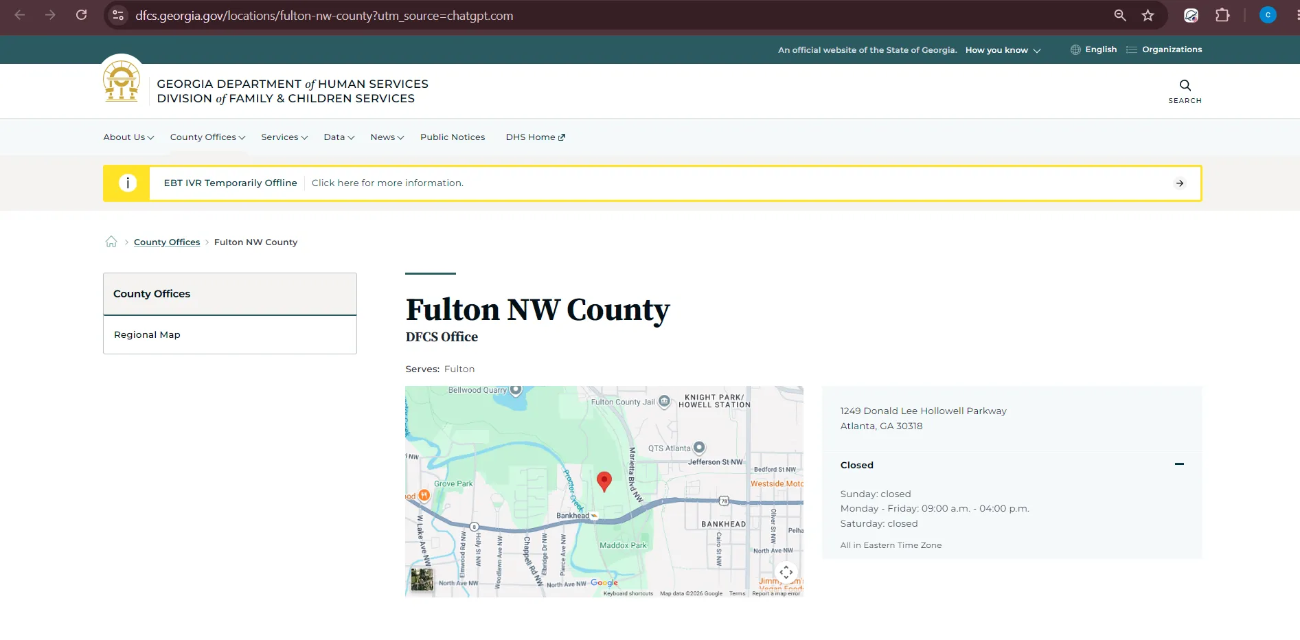 Official Georgia DFCS Fulton County food stamp office page showing SNAP office address, phone and hours