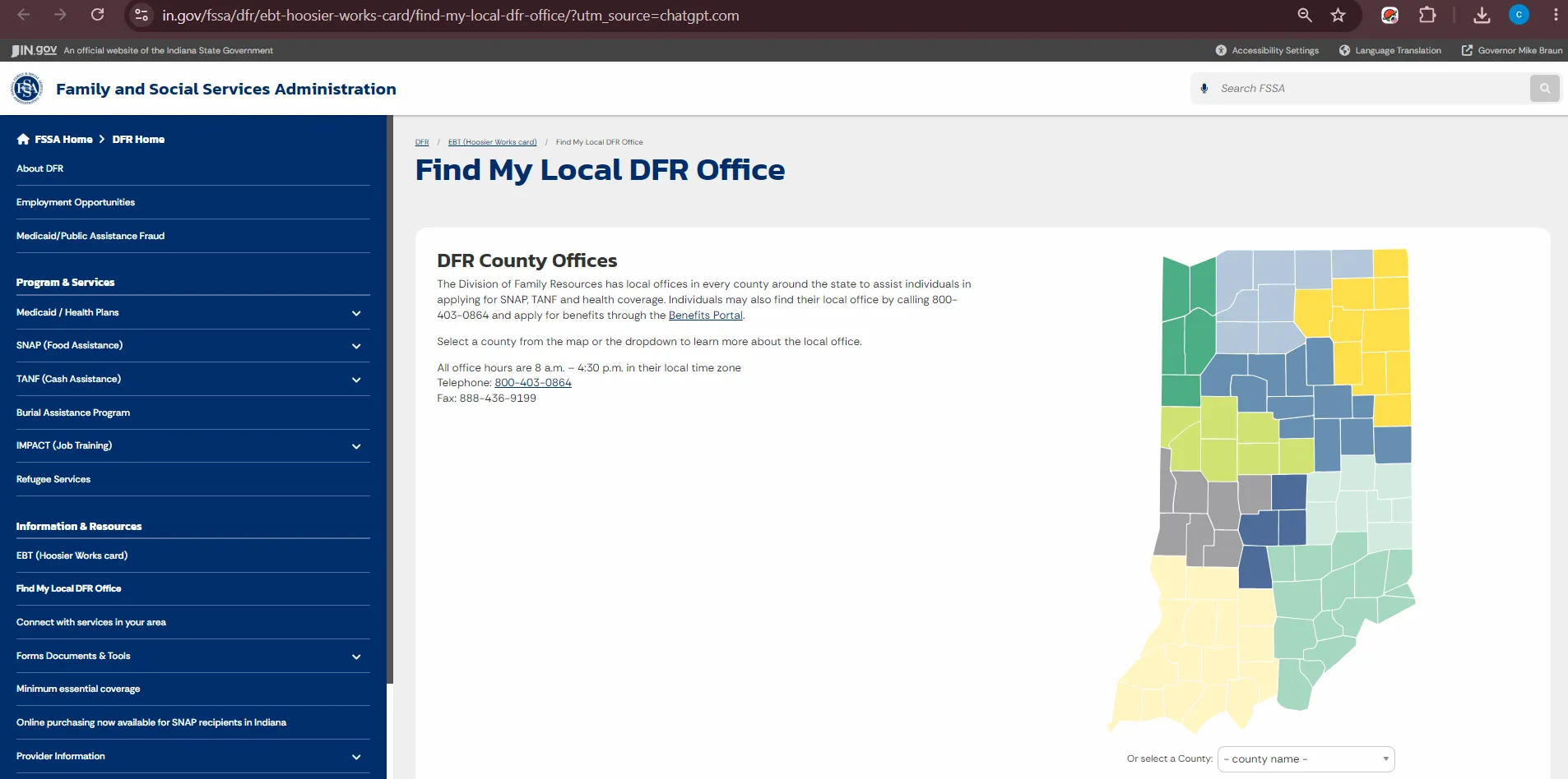 Official Indiana FSSA DFR New Albany office locator page for SNAP food stamp help