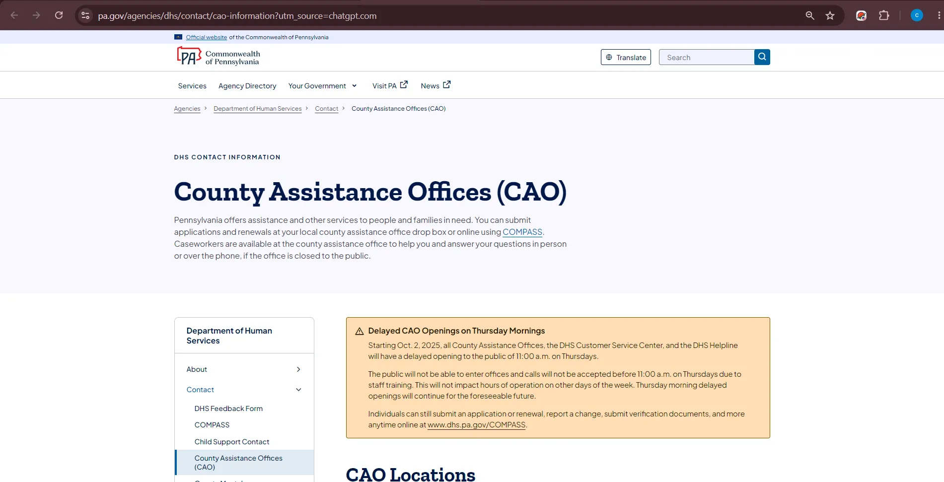 Official Pennsylvania DHS Philadelphia County Assistance Office page for Philadelphia PA food stamp office SNAP help