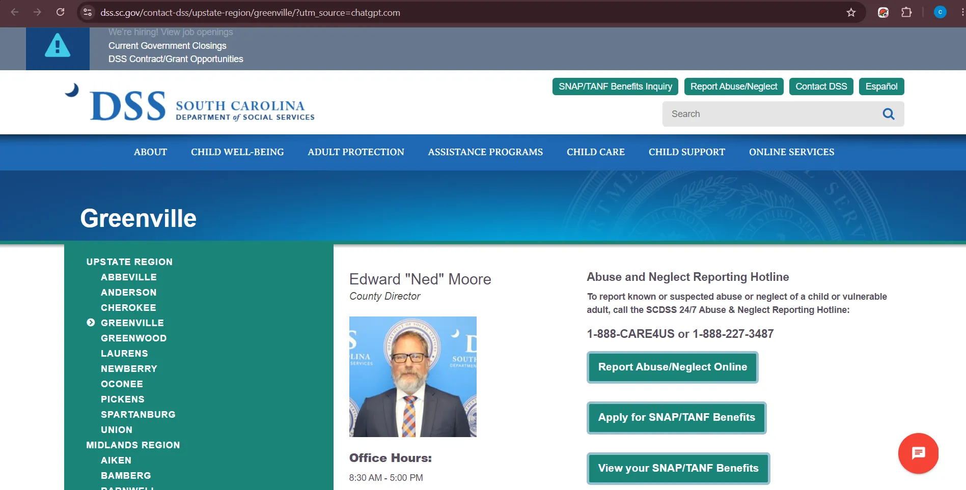 Official South Carolina DSS Greenville County SNAP office page for Greenville SC food stamp office help