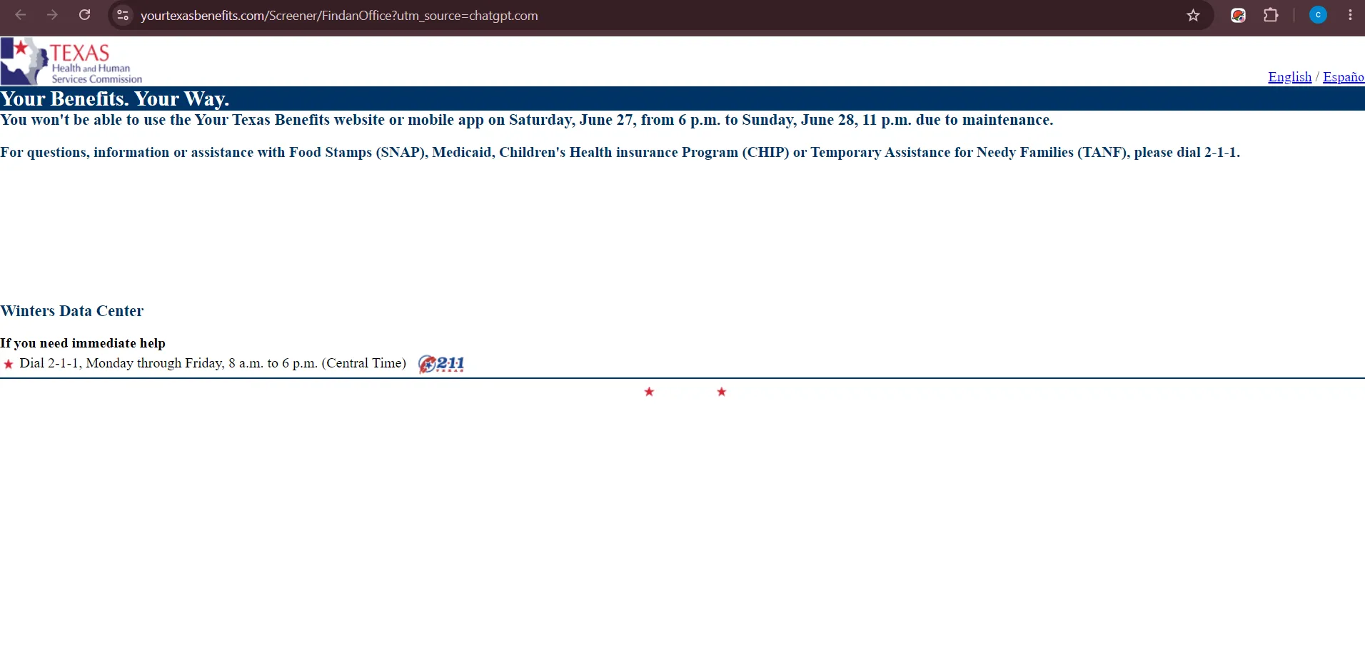 Official Your Texas Benefits office locator screenshot for Irving TX food stamp office and SNAP benefit office search