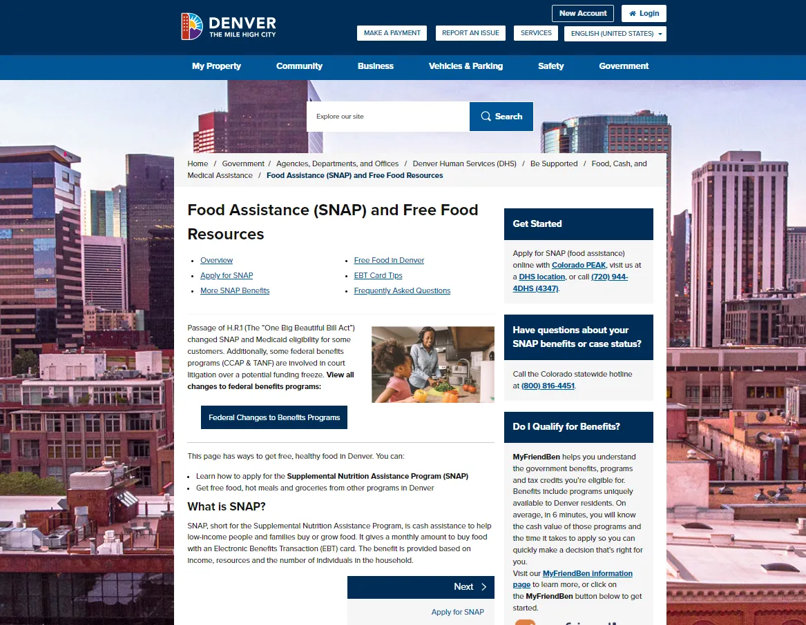 Denver Human Services SNAP official page screenshot for Denver CO food stamp office